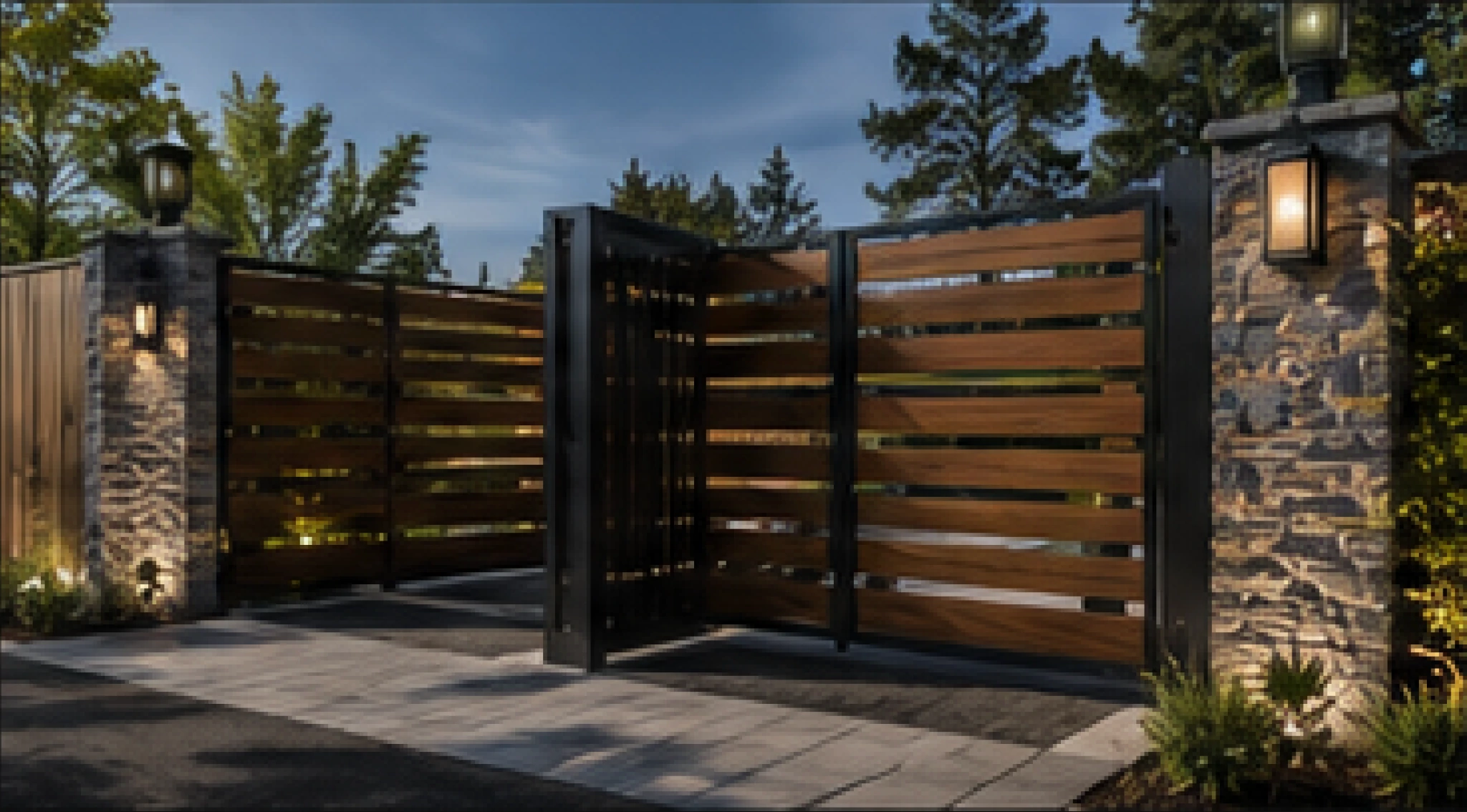 Contemporary wood and metal privacy gate with stone columns