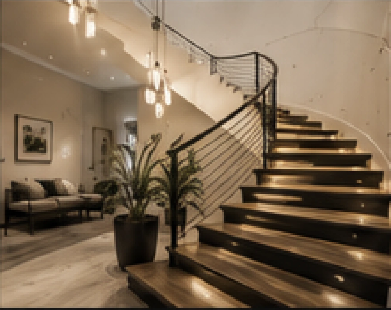 Curved staircase with dark wood treads and illuminated risers