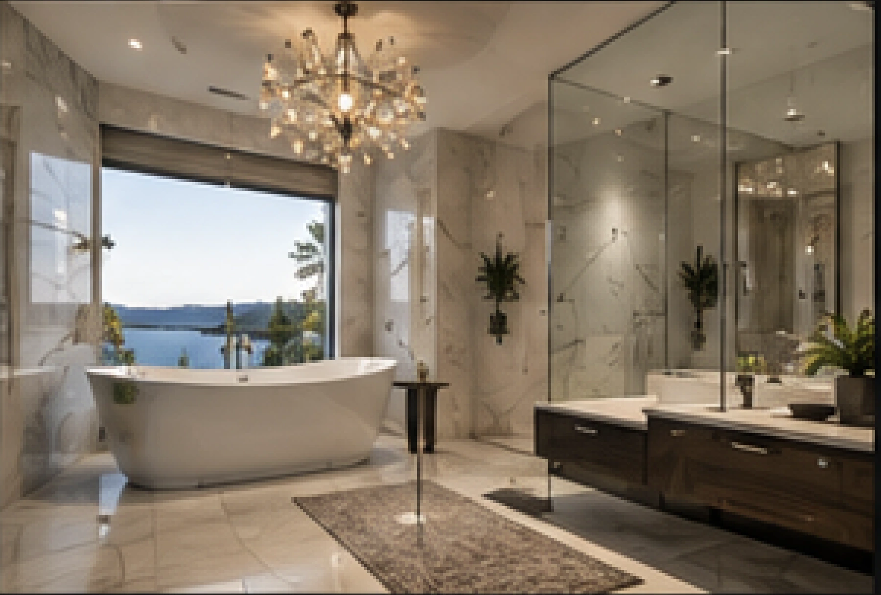 Luxury marble bathroom with freestanding tub and glass shower
