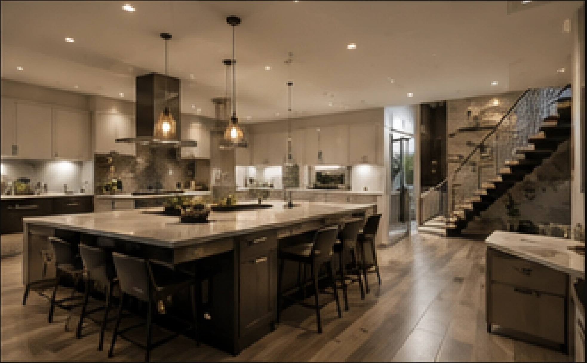 Luxury kitchen with large stone island and architectural staircase